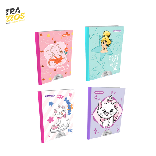 Cuadernos escolares cosidos con diseños infantiles de personajes clásicos de Disney como Marie, Tinker Bell y Winnie the Pooh”