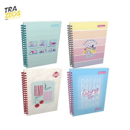 Cuaderno argollado grande multimaterias con tapa dura y diseños de Barbie, Flower Power y Snoopy 