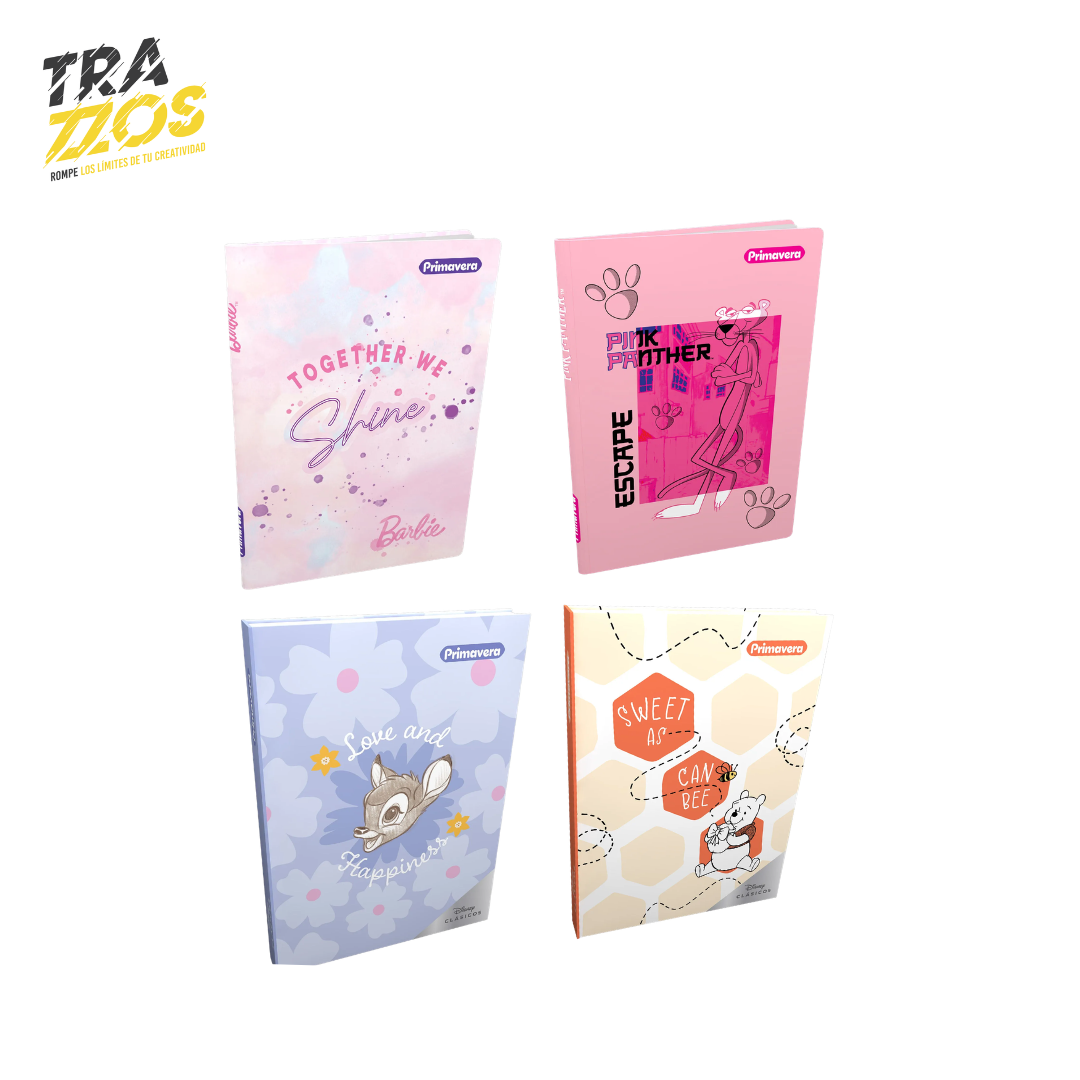 Cuadernos cosidos Primavera de Barbie, la pantera rosa, Bambi y Winnie Pooh. Colores pastel.