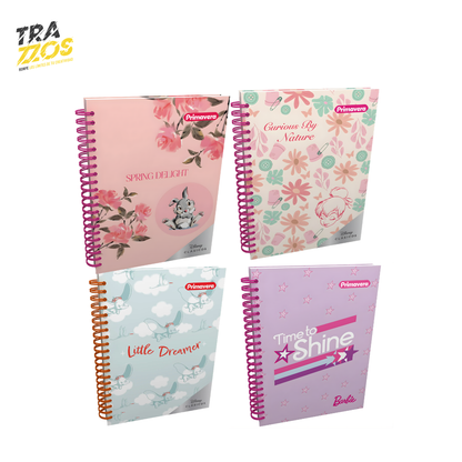 Cuaderno argollado pequeño multimaterias con pasta dura y portadas de personajes clásicos de Disney como Dumbo y Tinker Bell en estilo femenino 