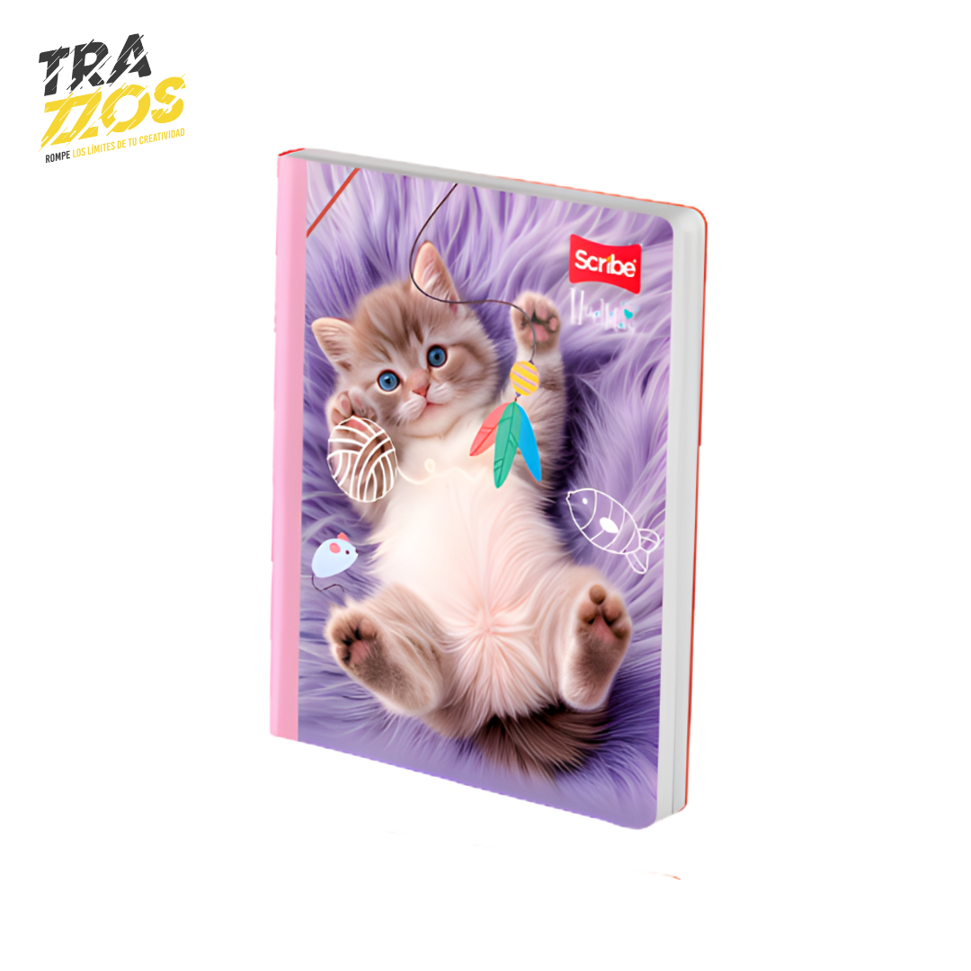 Cuadernos escolares cosidos con lomo rosado y portadas de gatito