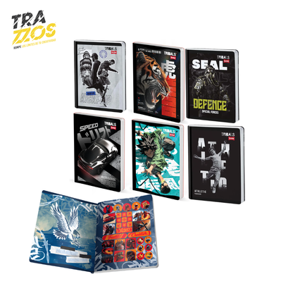 Cuadernos escolares cosidos con lomo negro y portadas con diseños tribales en tonos oscuros