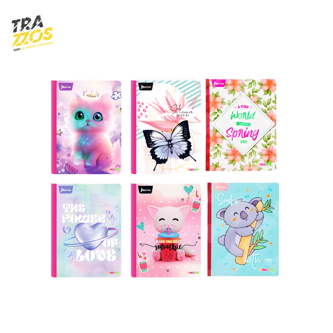 Cuadernos cosidos con diseños de animales y elementos decorativos en tonos pastel