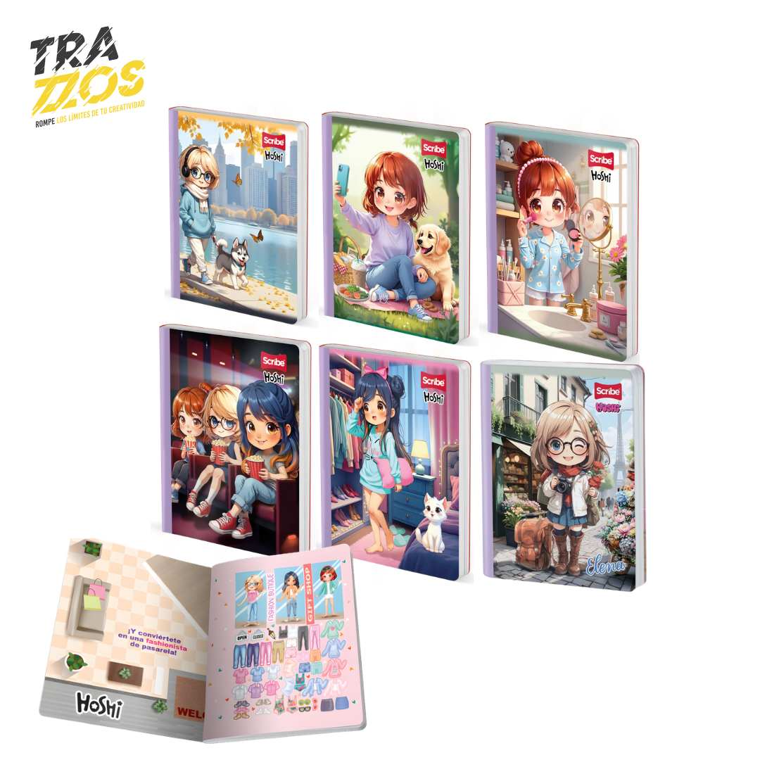 Cuaderno cosido Hoshi con lomo lila y portada de personajes estilo anime en escenas cotidianas y de moda