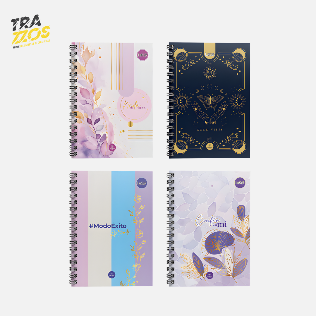 Cuaderno argollado grande Multimateria con pasta dura y diseños de florales con colores lila y morado. 