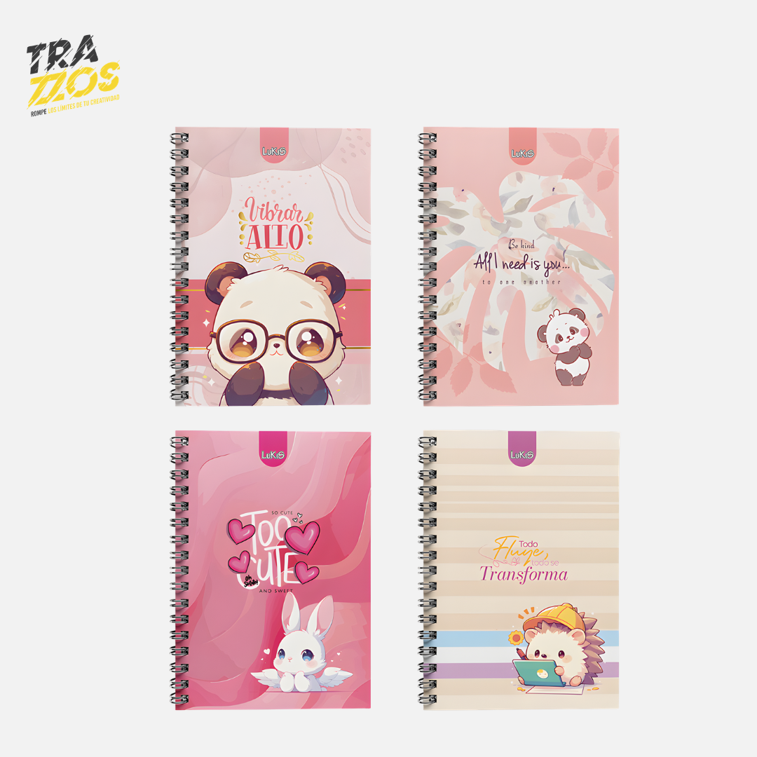 Cuaderno argollado pasta dura con diseños de animales tiernos en colores rosados. 