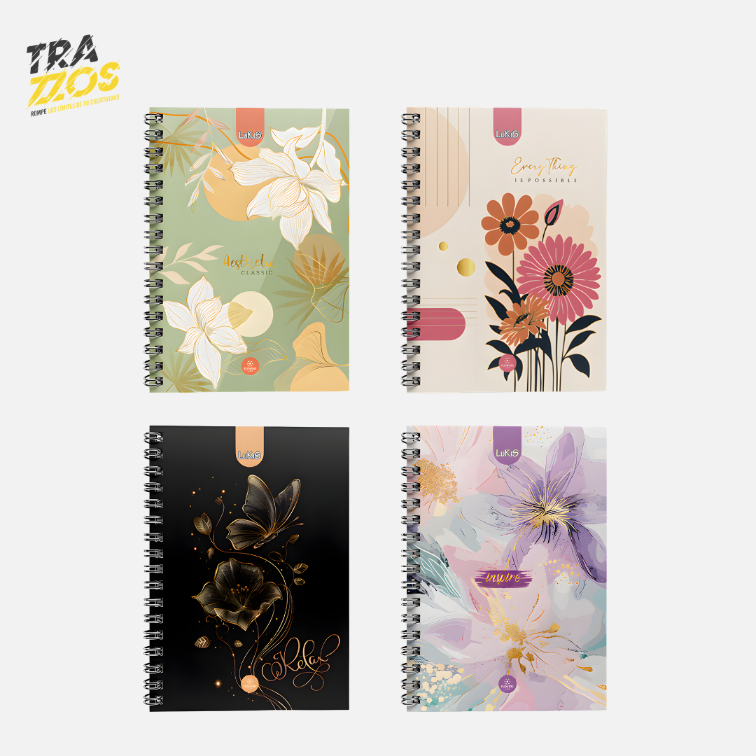 Cuaderno 7 materias argollado pasta dura con diseños de flores y  colores pastel. 
