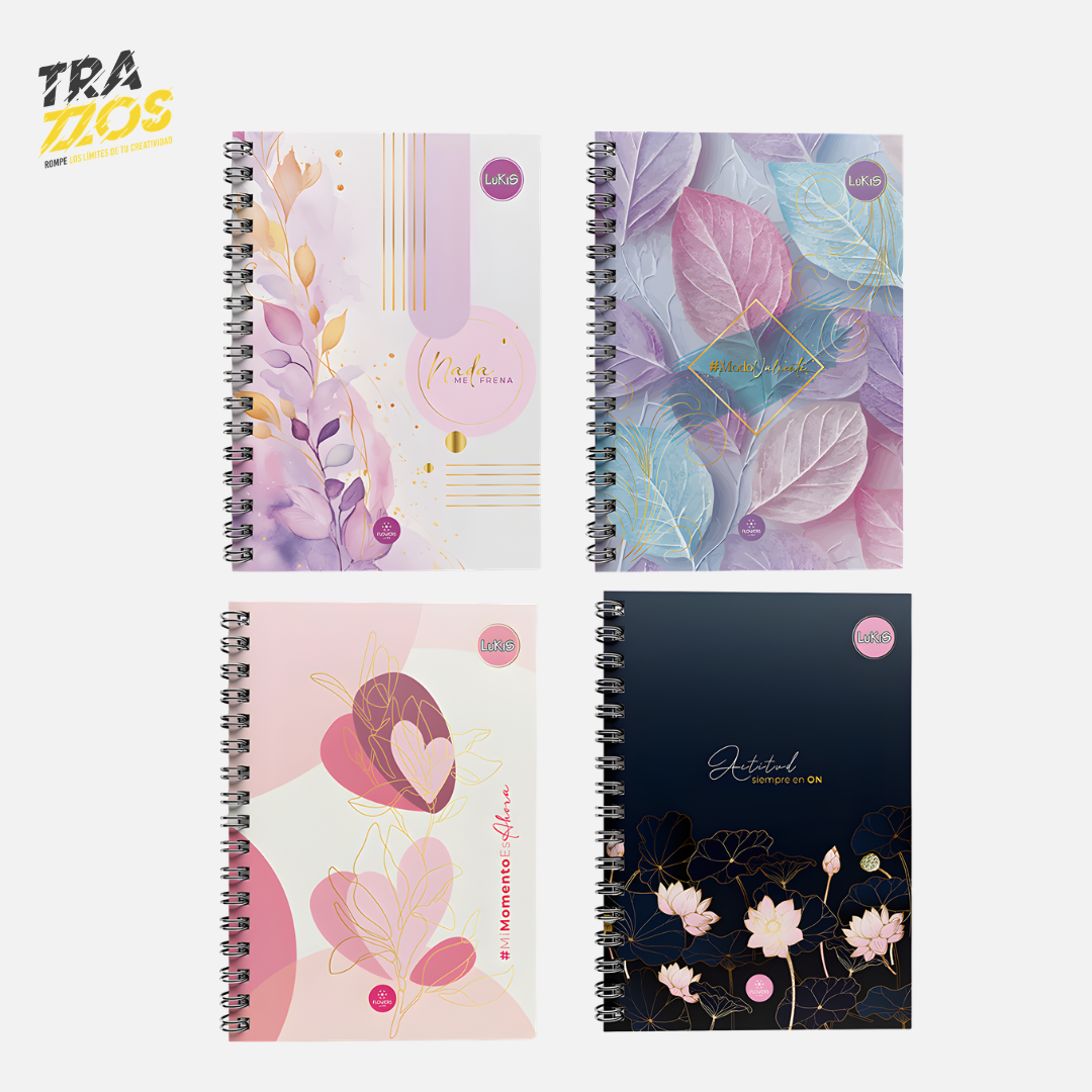 Cuaderno 7 materias argollado pasta dura con diseños de flores y  colores Lila y rosado. 