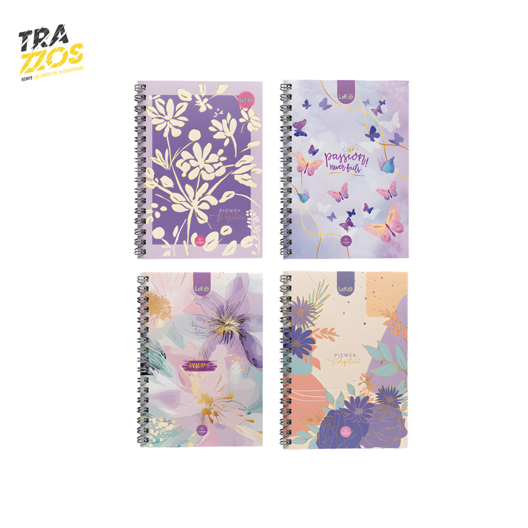 Cuaderno argollado grande unimateria con diseños de portadas florales en tonos morados 