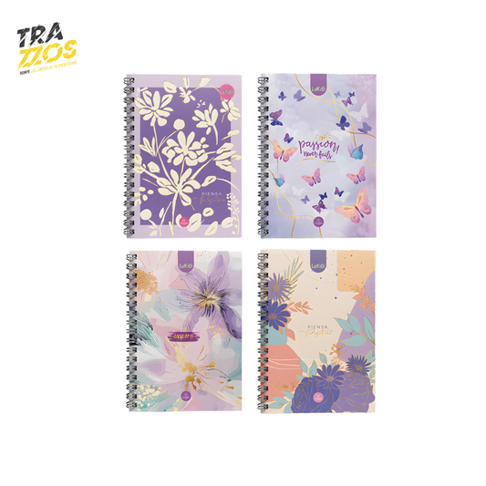Cuaderno argollado grande unimateria con diseños de portadas florales en tonos morados 