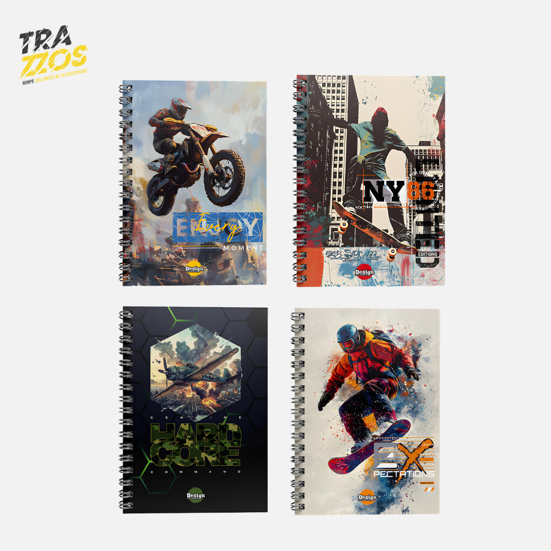 Cuaderno argollado  multimaterias con diseños urbanos de carros ciudades del mundo y deportes  en tonos neutros