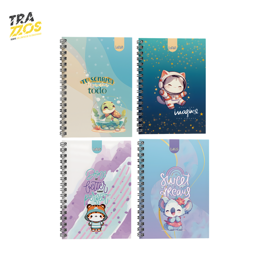 Cuaderno argollado unimateria con pasta dura y diseños tiernos de animales en colores claros 