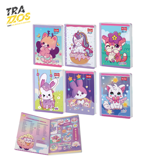 Cuaderno escolar cosido con lomo lila 
y portada de colores pastel con animales como gato y conejo. incluye stickers