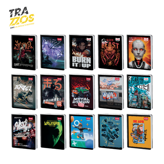 Cuadernos cosidos con diseños de arte urbano, robots, monstruos y deportes extremos en estilo juvenil con colores sobrios. 