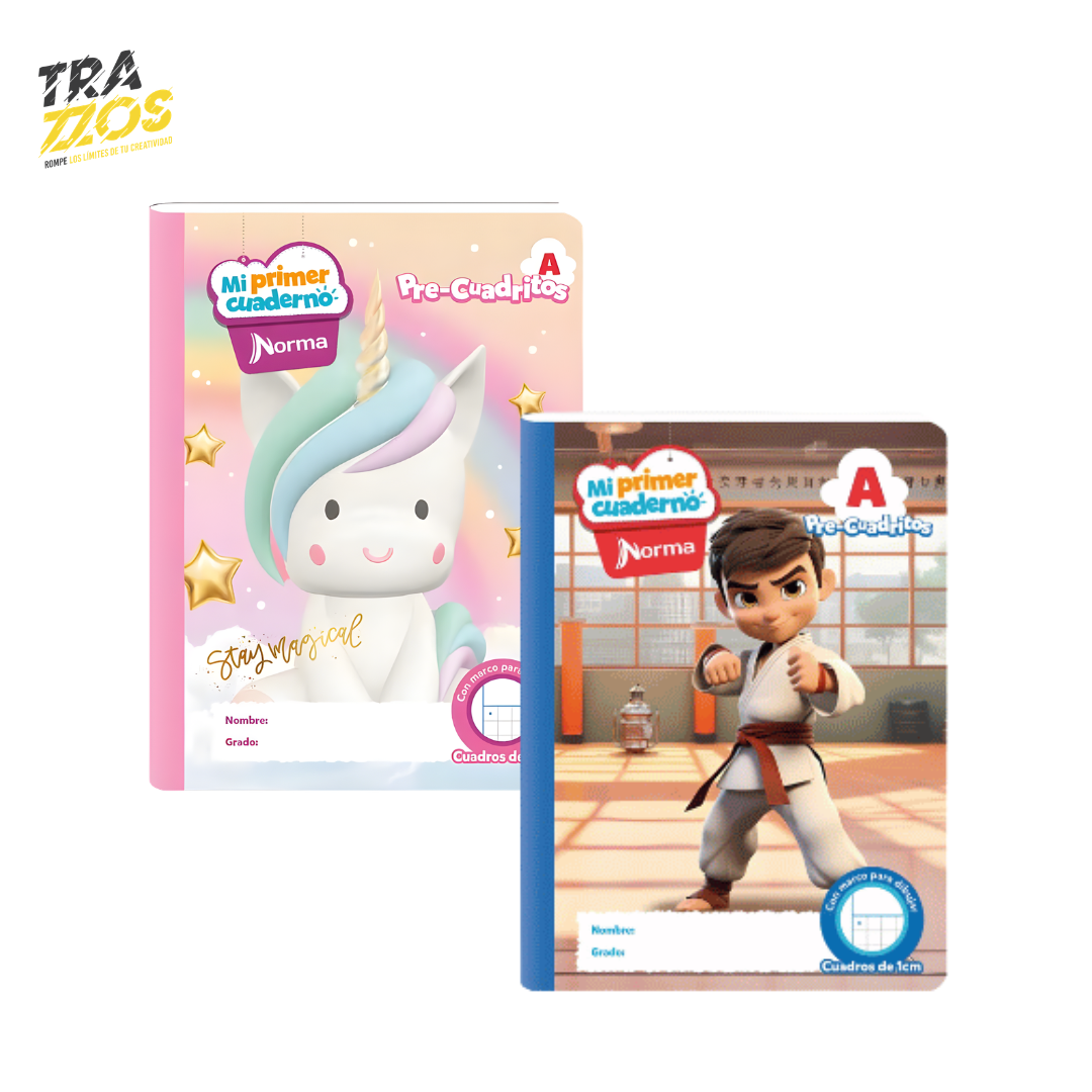 Cuaderno cosido pre-cuadritos A con portadas infantiles para niños y niñas 
