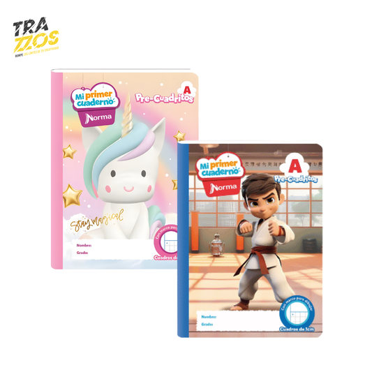 Cuaderno cosido pre-cuadritos A con portadas infantiles para niños y niñas 