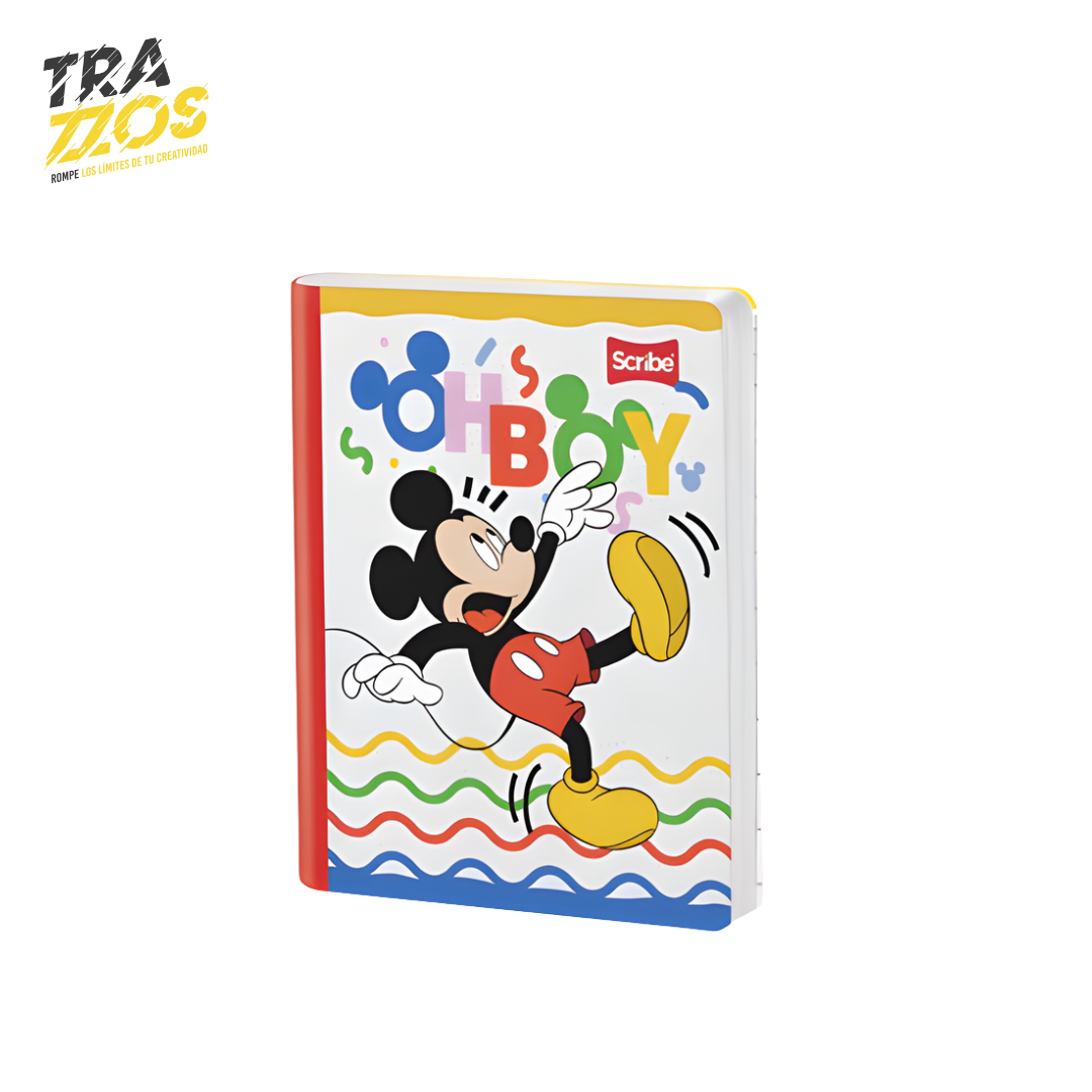 Cuaderno escolar cosido con lomo rojo y portada de Mickey Mouse.