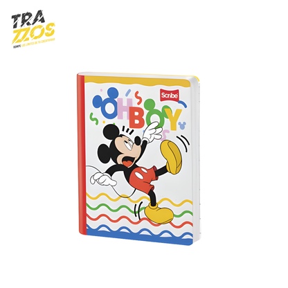 Cuaderno escolar cosido con lomo rojo y portada de Mickey Mouse.