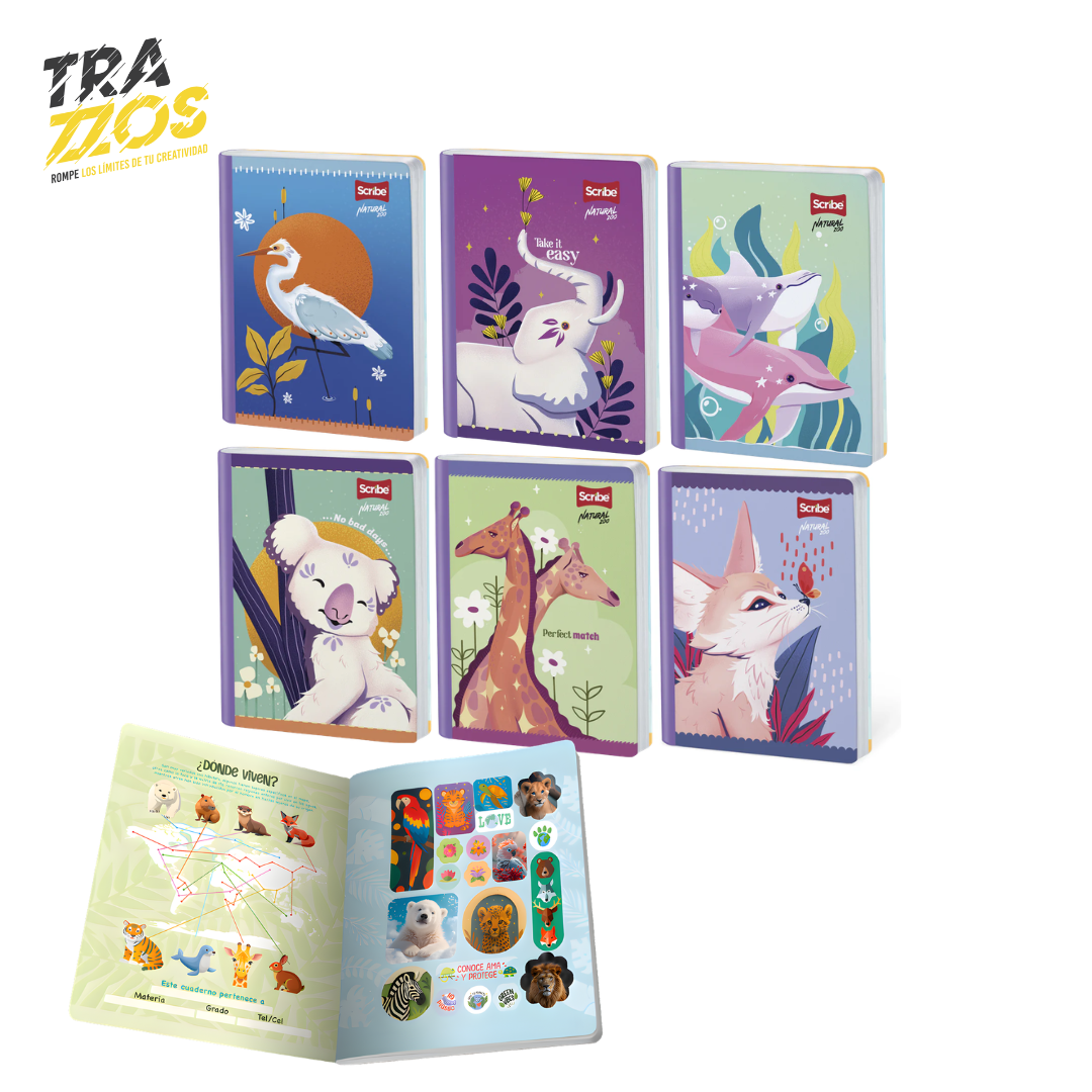 Cuaderno escolar cosido con lomo lila y diseño de animales como  igüeña, elefante, delfines, koala, jirafas, zorro en portada con stickers interiores