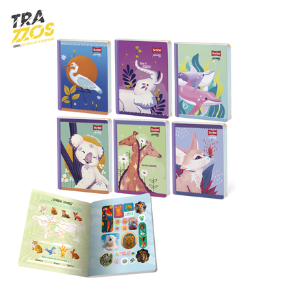 Cuaderno escolar cosido con lomo lila y diseño de animales como  igüeña, elefante, delfines, koala, jirafas, zorro en portada con stickers interiores