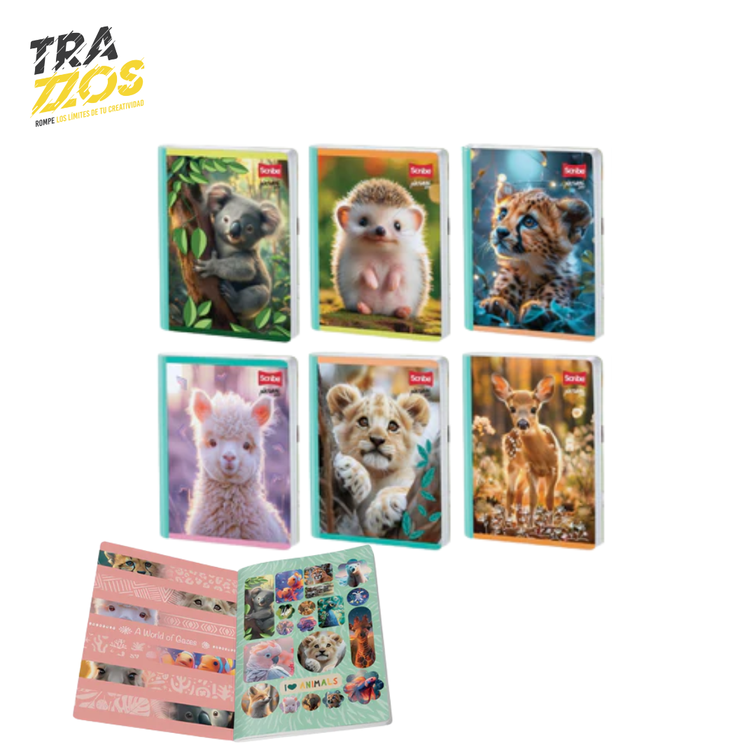 Cuaderno escolar cosido con lomo verde claro y portada de animales como koala y tigre, incluye stickers