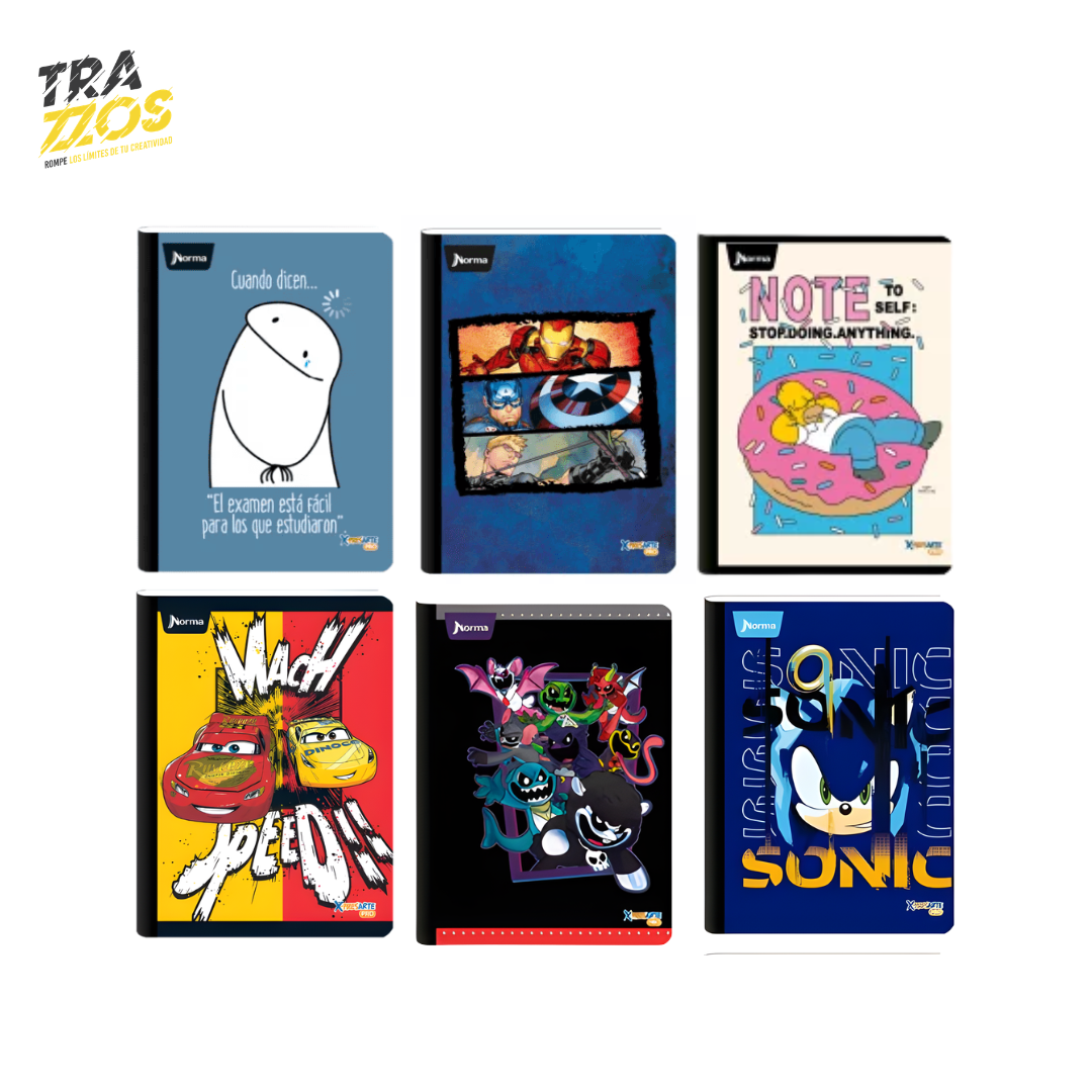 Cuadernos escolares cosidos con portadas de Sonic, Los Simpson y personajes de Marvel con estilo juvenil y memes flork.