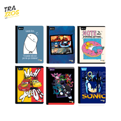 Cuadernos escolares cosidos con portadas de Sonic, Los Simpson y personajes de Marvel con estilo juvenil y memes flork.