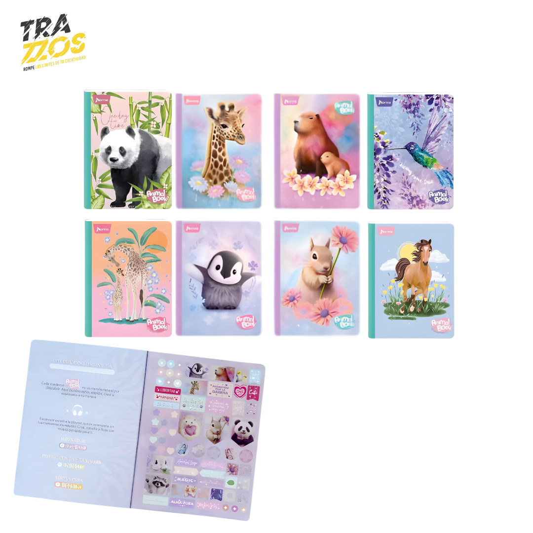 Cuadernos escolares cosidos Animal Book con diseños de animales en portadas ilustradas en colores pastel. 