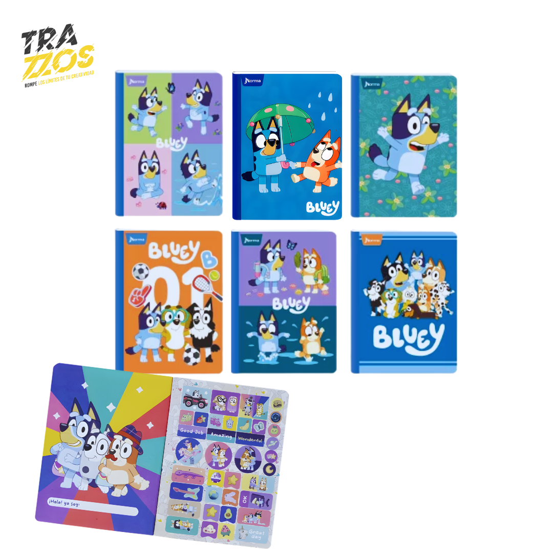 6 Cuadernos Norma Cosido  con portada de los personajes de la serie Bluey con hoja de Stiker 
