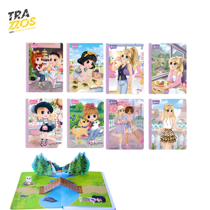 8 Cuadernos escolares cosido con portadas de personajes y mascotas de Bonequinhas en estilo cotidiano en colores pastel con hoja en 3D