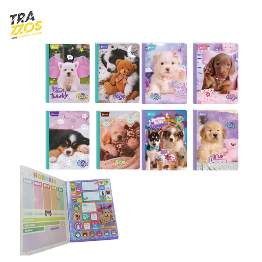 Cuadernos escolares cosidos  co9n lomo de color pastel con diseños de cachorros adorables en escenas tiernas con stickers