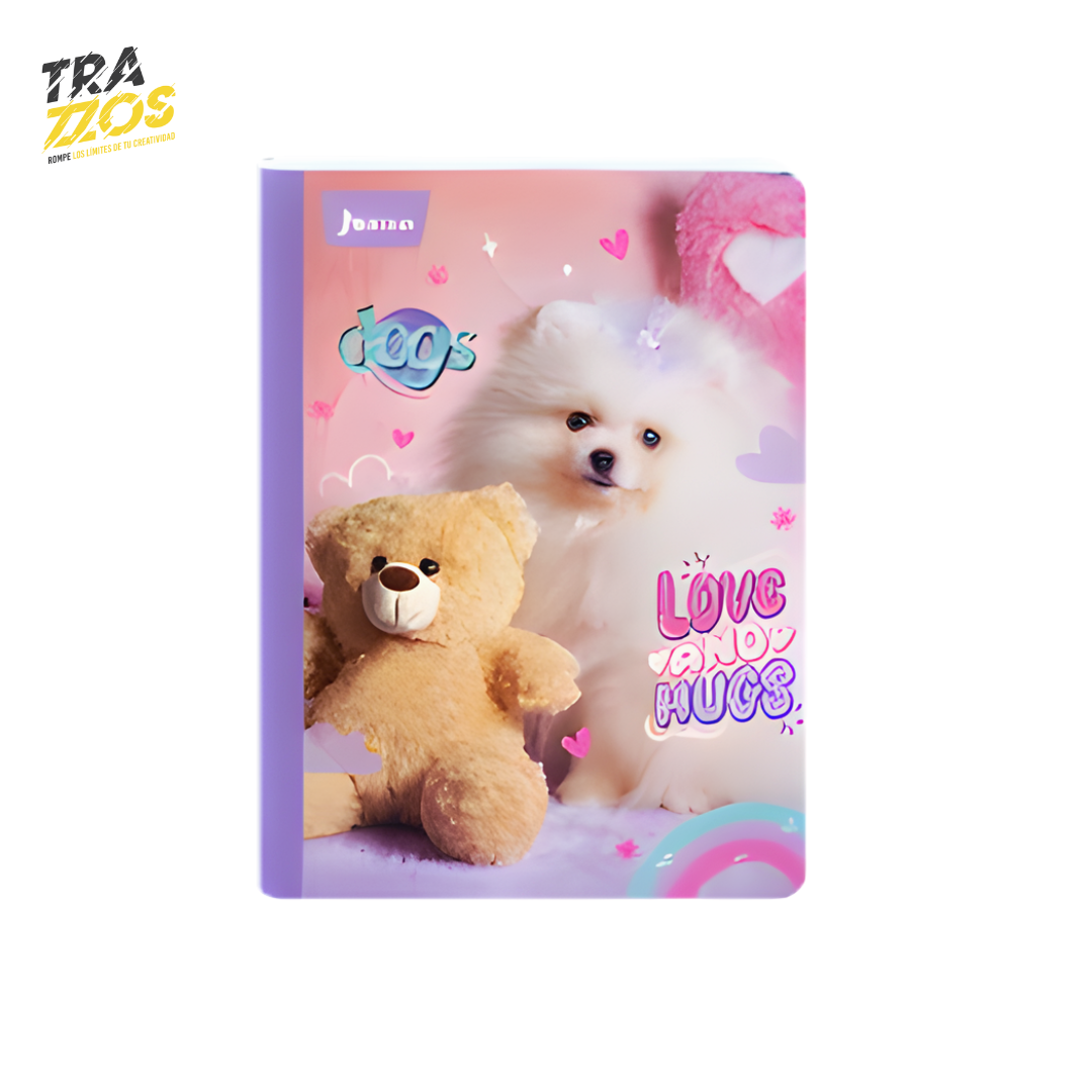 Cuaderno cosidos  con lomo de color lila con diseño  de perrito con oso de peluche 