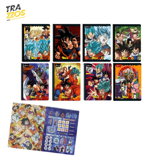 Cuadernos escolares cosidos con personajes de Dragon Ball en sus portadas esta  de Goku y Vegeta  con hoja de Stikers