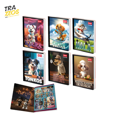 Cuadernos escolares cosidos con diseños de perros en profesiones como músicos, pilotos y chefs con hoja de Stikers
