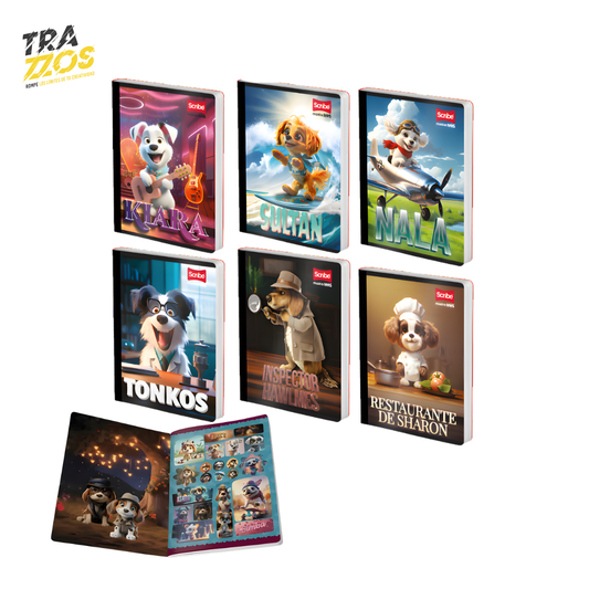 Cuadernos escolares cosidos con diseños de perros en profesiones como músicos, pilotos y chefs con hoja de Stikers
