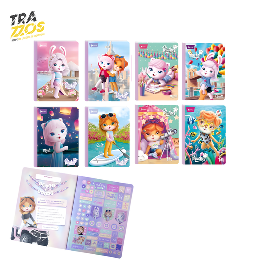 Cuadernos escolares cosidos con diseños de personajes tipo peluche en escenas de aventura con stickers 