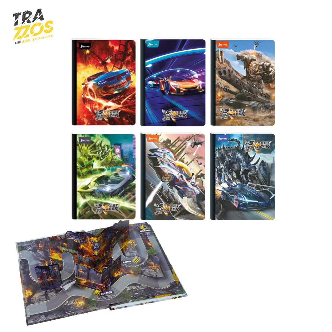 Cuadernos escolares cosidos Street Racer con portadas de carros futuristas y escenas de carreras con estilo urbano