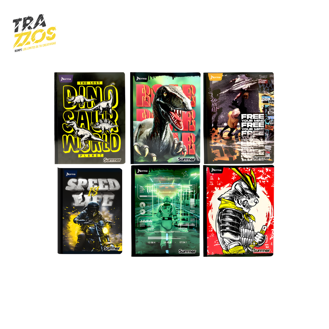 Cuadernos escolares cosidos con diseños juveniles de dinosaurios, motos, tecnología y estilo urbano en colores llamativos 