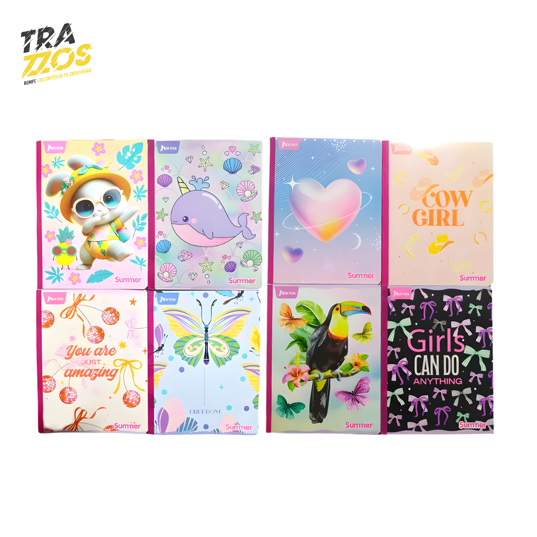 Cuadernos escolares cosidos con diseños juveniles de animales, fraces, y estilo tiernos en colores pastel