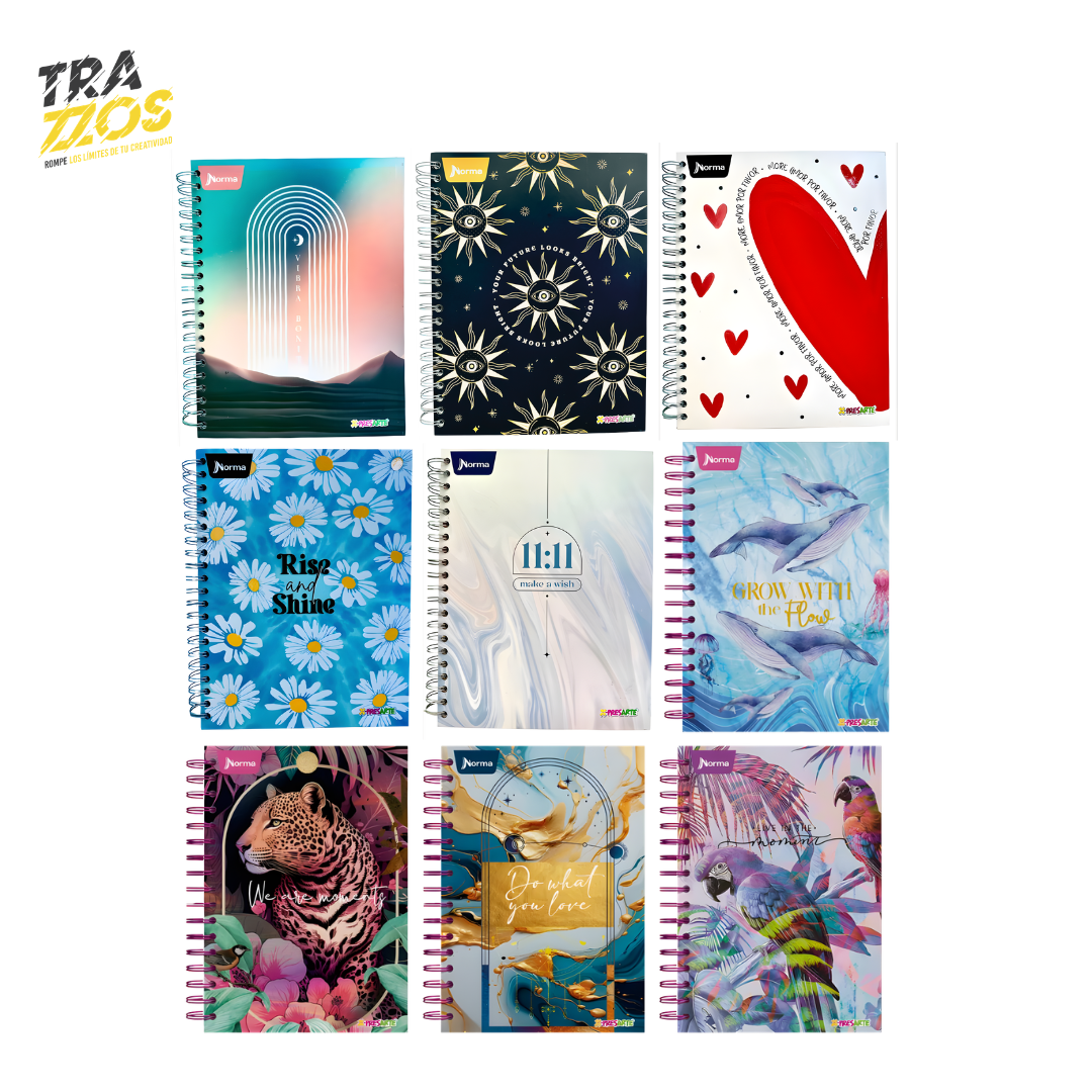 Cuaderno Norma X-Presarte Pasta Dura Multimaterias Argollado Femenino: con portadas de animales exóticos y diseños vibrantes. Pasta dura con barniz protector y apertura de 360°.