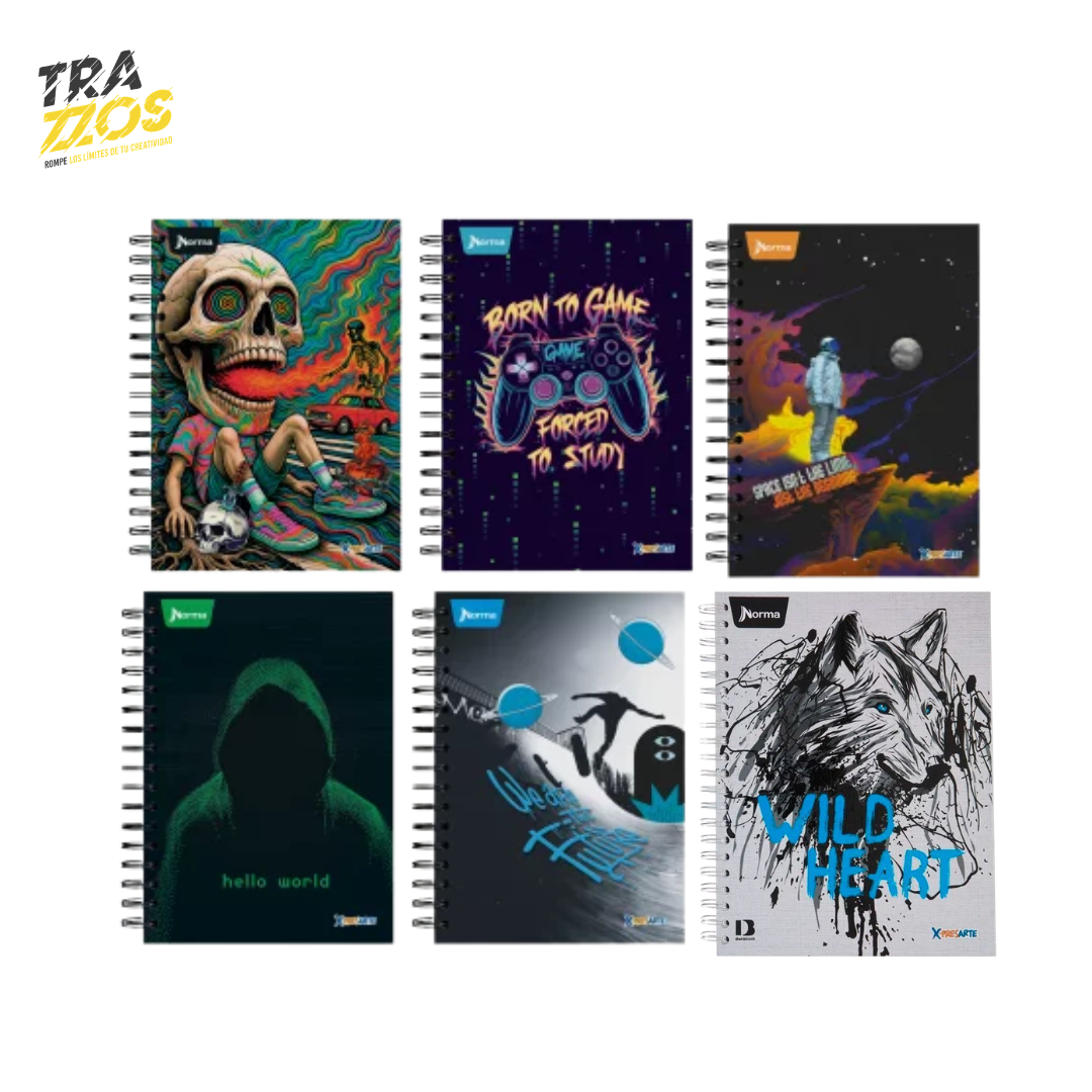 Cuaderno argollado grande multimateria con tapa dura y diseños juveniles y urbanos para hombre.