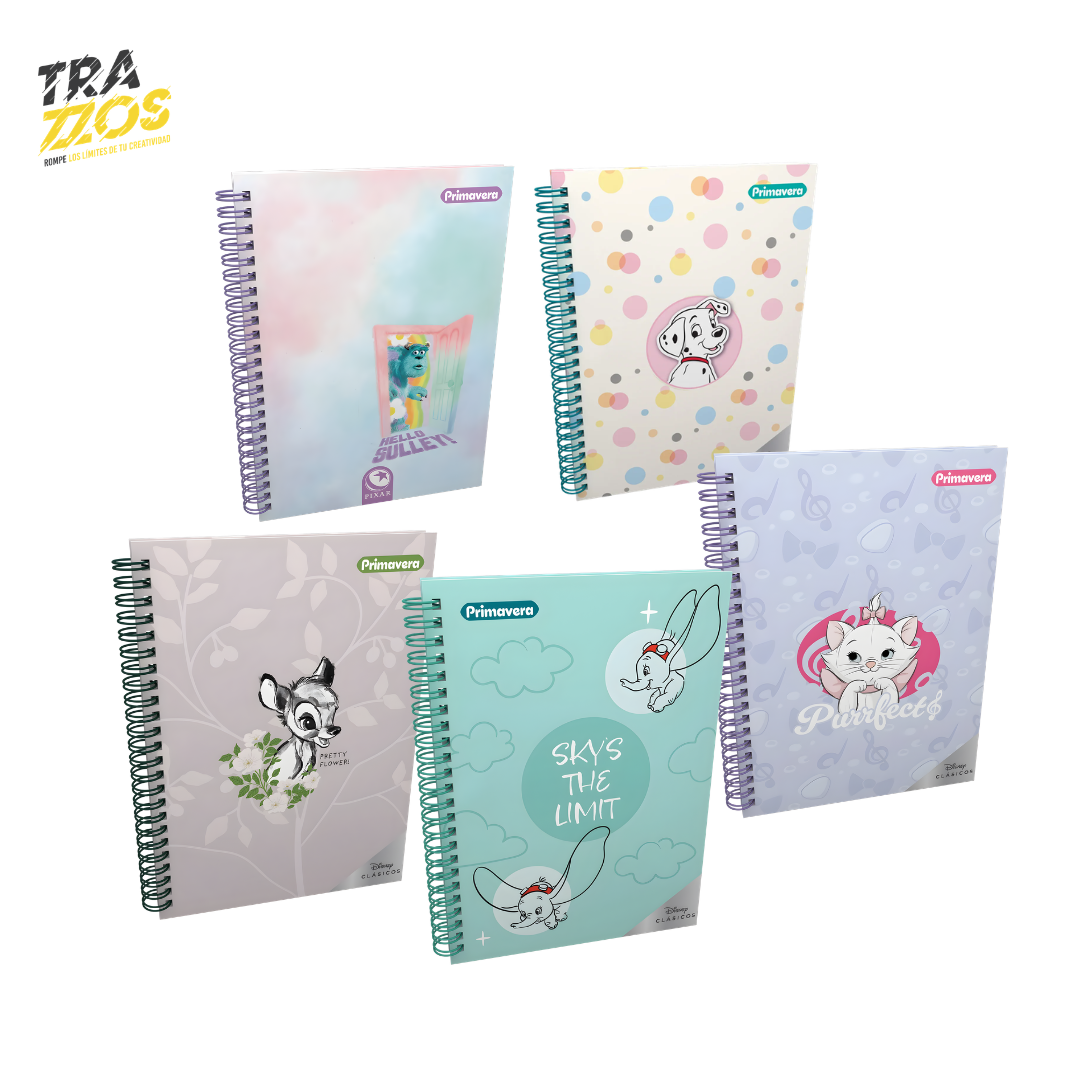 Cuaderno argollado grande unimateria con tapa dura y diseños de personajes clásicos de Disney como 101 Dálmatas, Marie, Bambi, Dumbo y Sullivan.