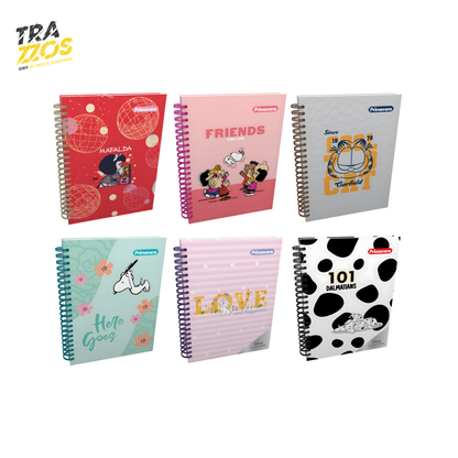 Cuaderno argollado pequeño multimaterias con pasta dura y diseños de Mafalda, Snoopy y Garfield en estilo femenino