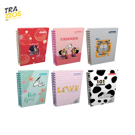 Cuaderno argollado pequeño multimaterias con pasta dura y diseños de Mafalda, Snoopy y Garfield en estilo femenino