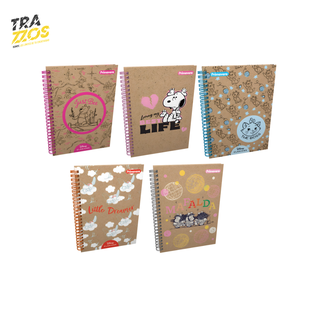 Cuaderno argollado grande en cartón kraft con portadas de Winnie the Pooh, Mafalda y Snoopy