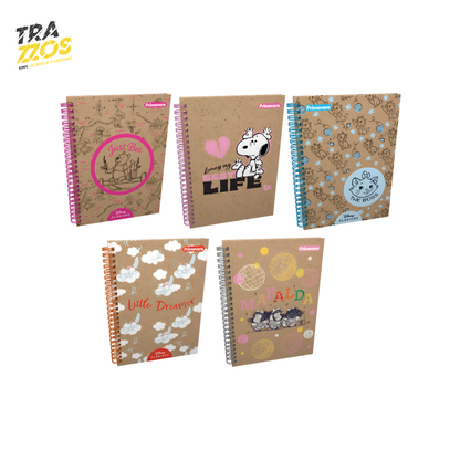 Cuaderno argollado grande en cartón kraft con portadas de Winnie the Pooh, Mafalda y Snoopy