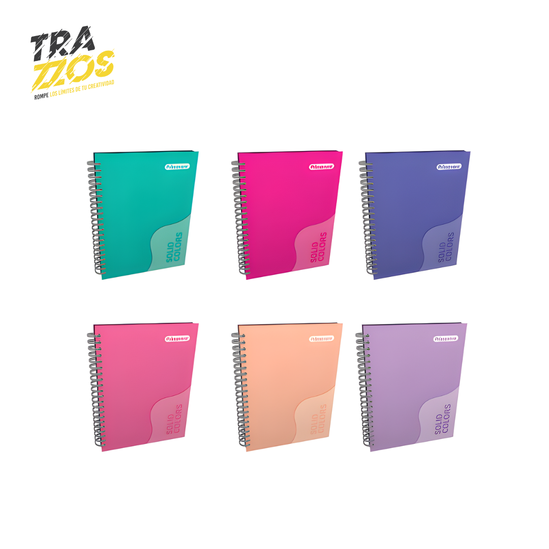 Cuaderno argollado multimaterias de tapa dura unicolor en colores rosado, lila y verde, Fucsia, Morado con diseño sobrio y juvenil