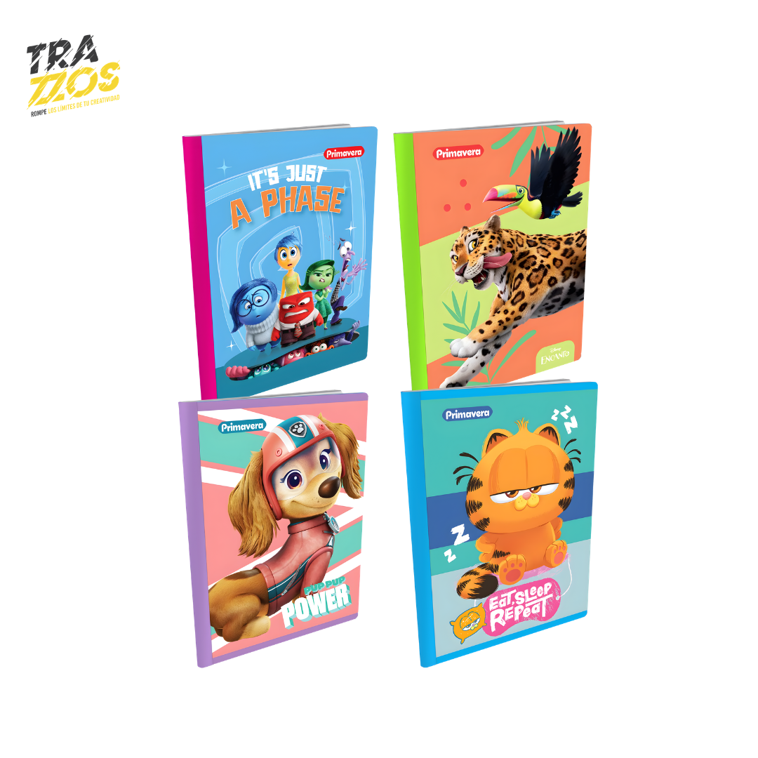 Cuaderno Primavera Cosido Niña: con personajes como Intensa Mente, Bebé Garfield, Barbie. Lleno de color y diversión, con hojas a color, stickers y cubiertas plastificadas brillantes.