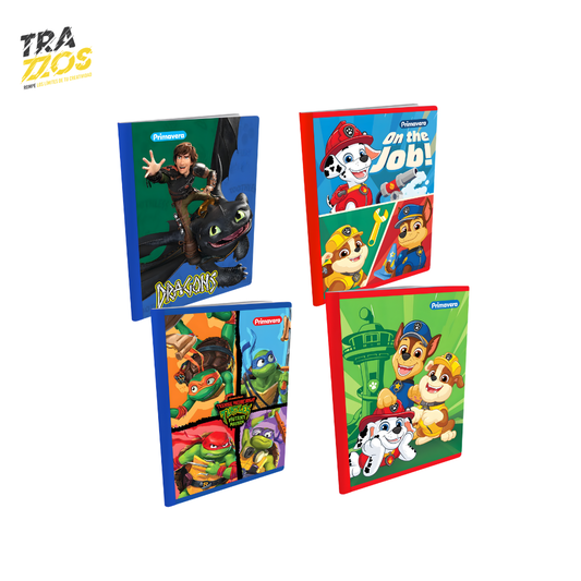 Cuadernos escolares cosidos con portadas de Paw Patrol, Chimuelo y Tortugas Ninja en diseños de niño.