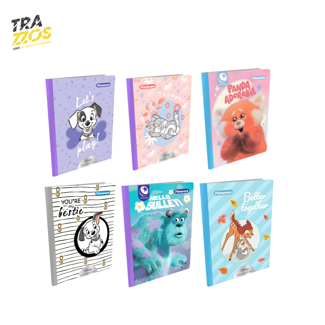 Cuadernos escolares cosidos con portadas de personajes infantiles de Disney como 101 Dálmatas, Bambi y Monsters Inc.
